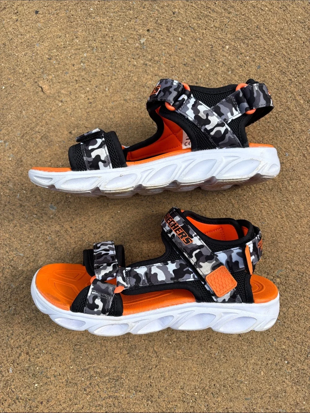 Sketchers S Lights Hypno-splash Orange Camo Boys Sandals Size 3